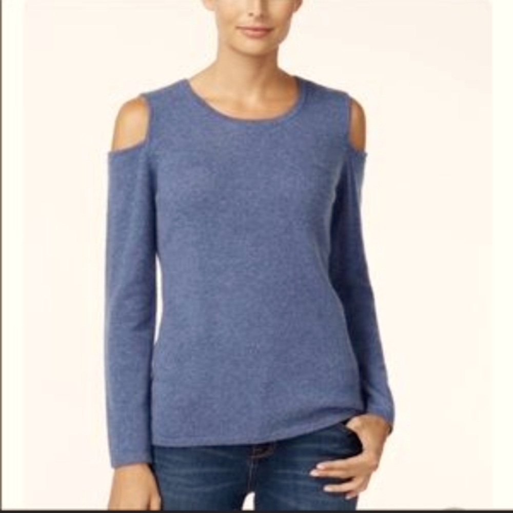 NEW Cashmere Charter Club Luxury Cold Shoulder Sweater Heather Blue.